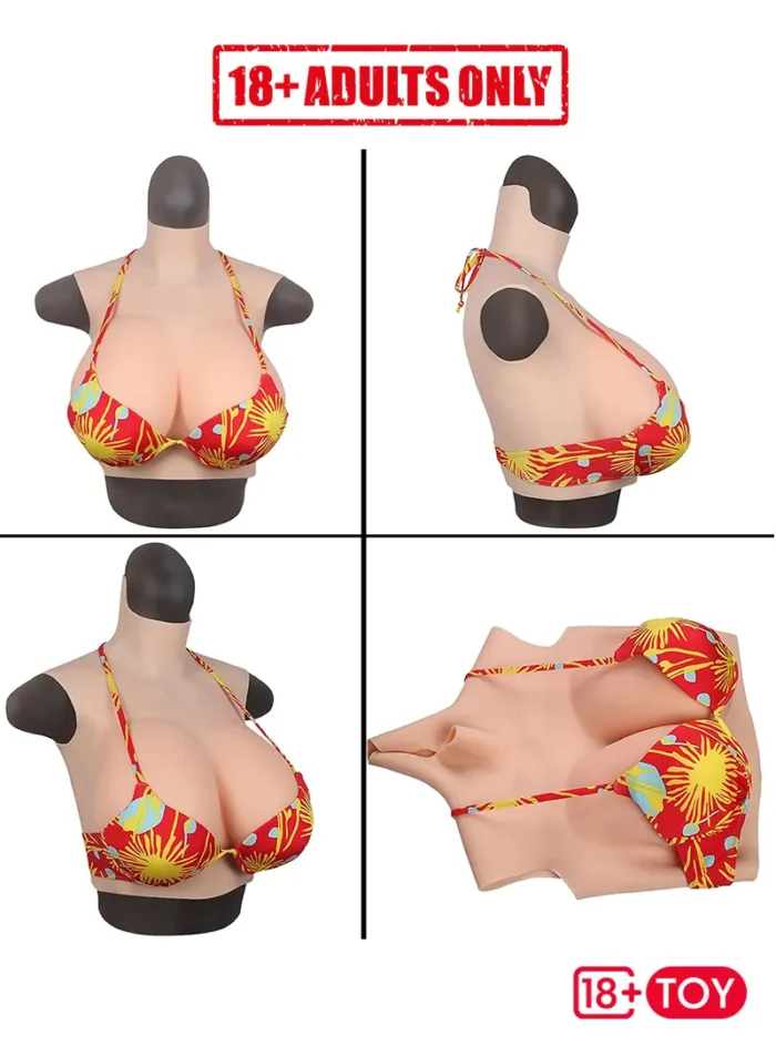 Front and side view of silicone breast forms under bikini top for crossdressers