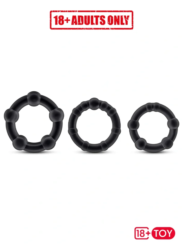 Close-up of Stay Hard cock rings showing stretch and material
